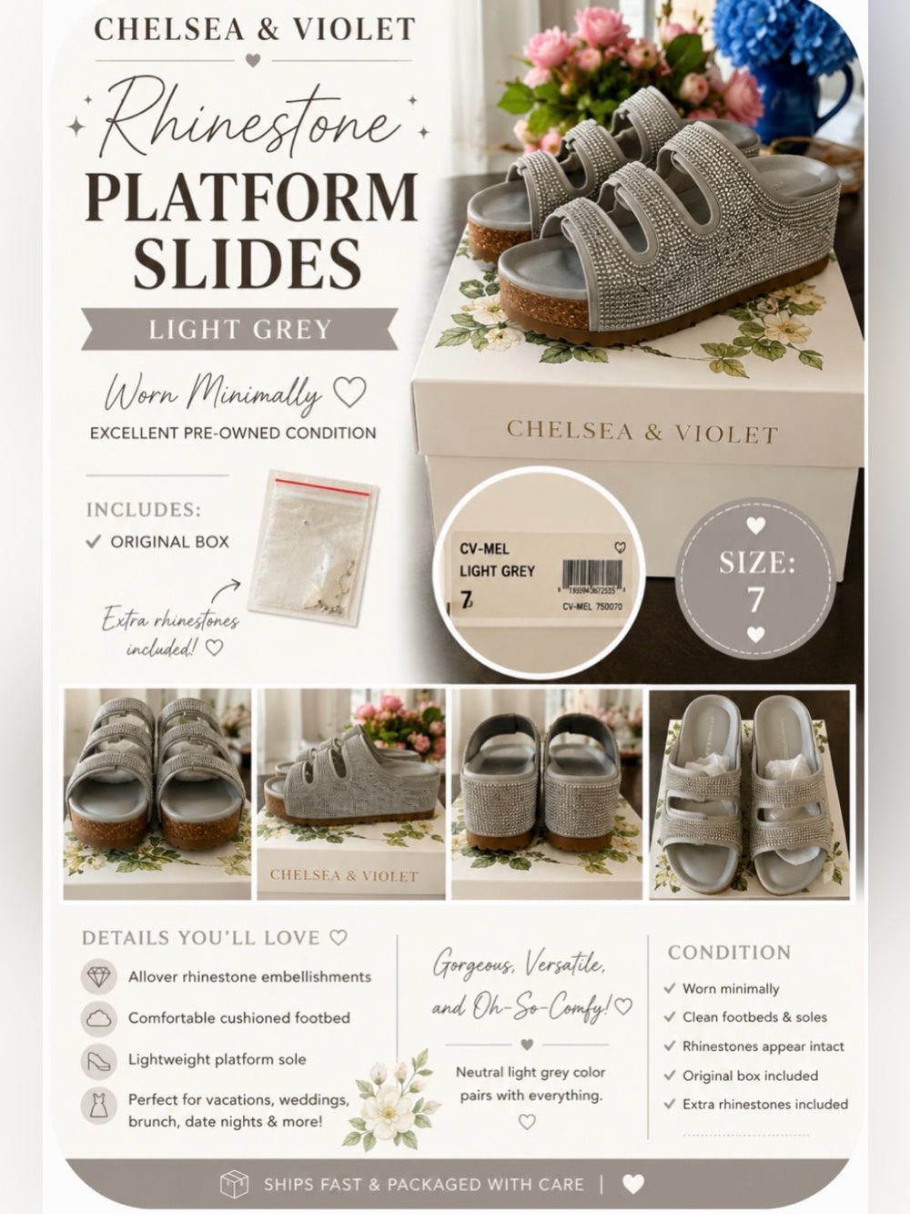Chelsea & Violet Rhinestone Platform Slides Light Grey